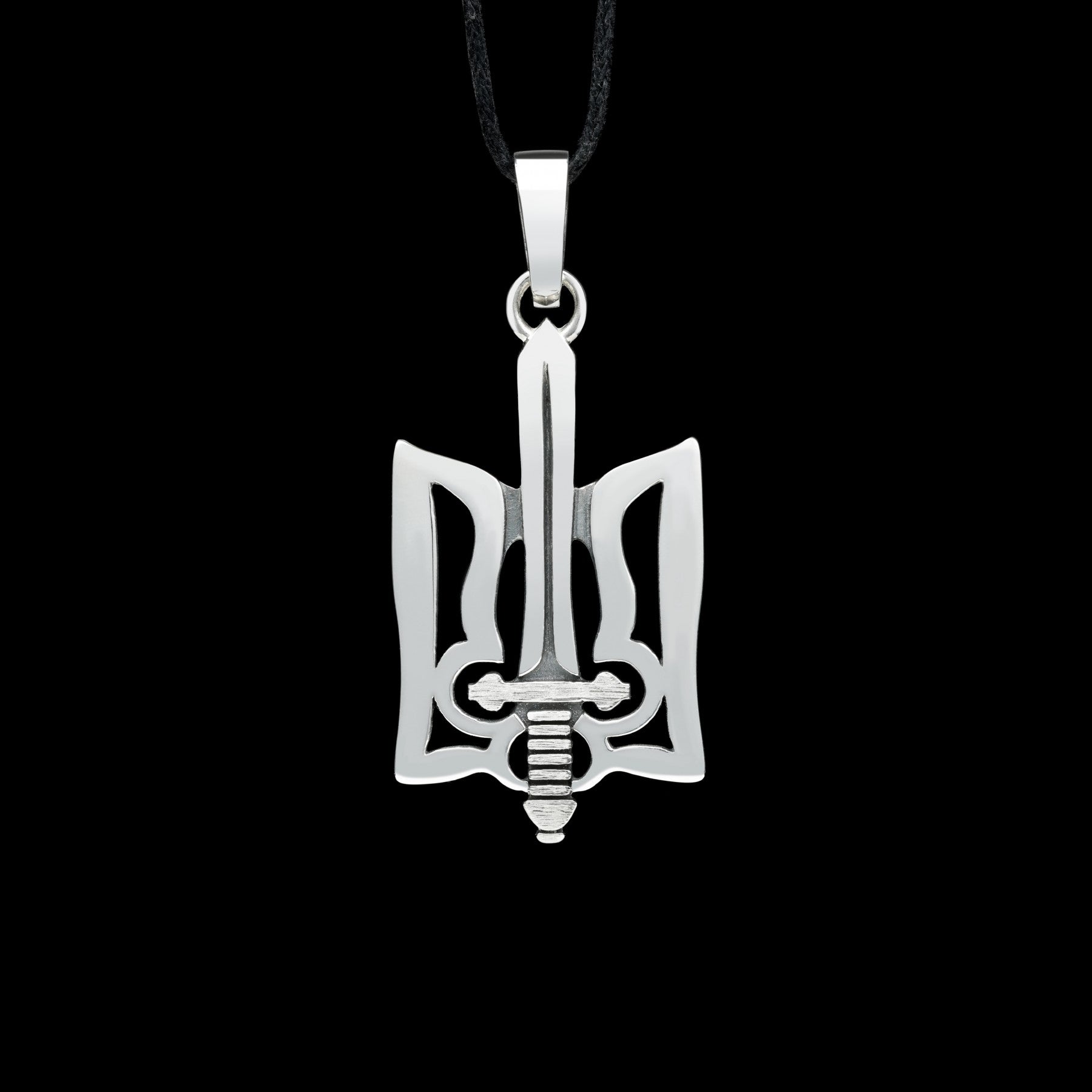 Sterling silver "Trizub with Sword" pendant, Ukrainian heritage symbol, oxidized finish, national pride, handcrafted jewelry.