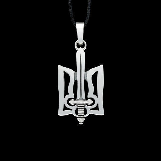 Sterling silver "Trizub with Sword" pendant, Ukrainian heritage symbol, oxidized finish, national pride, handcrafted jewelry.