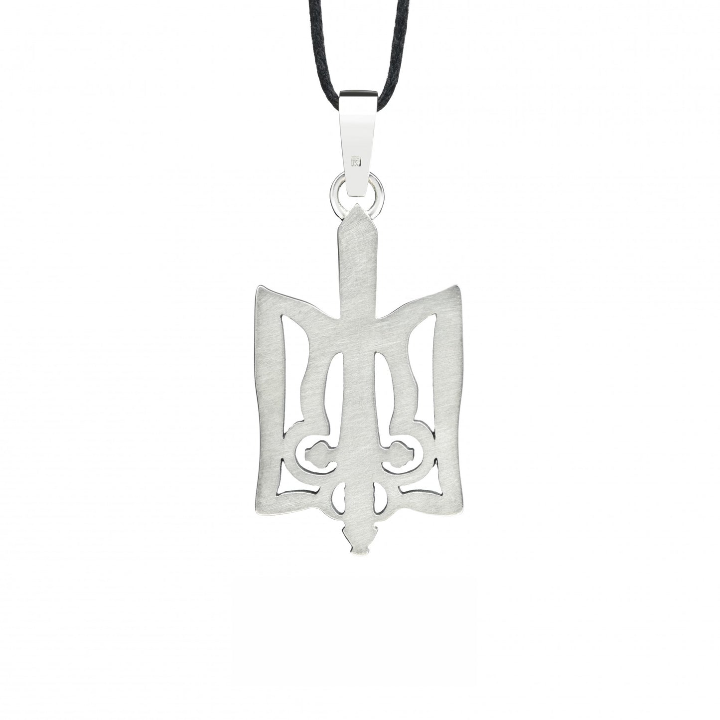 Sterling silver Trizub with Sword pendant, featuring Ukrainian heritage design, oxidized finish, on black cord.