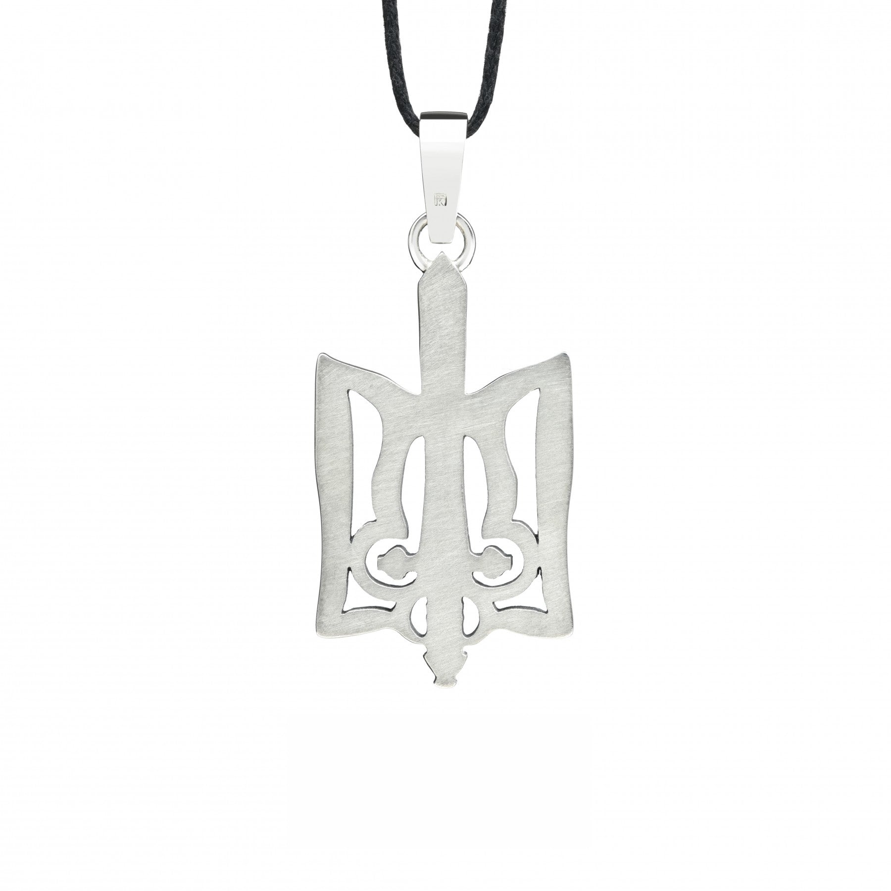 Sterling silver Trizub with Sword pendant, featuring Ukrainian heritage design, oxidized finish, on black cord.