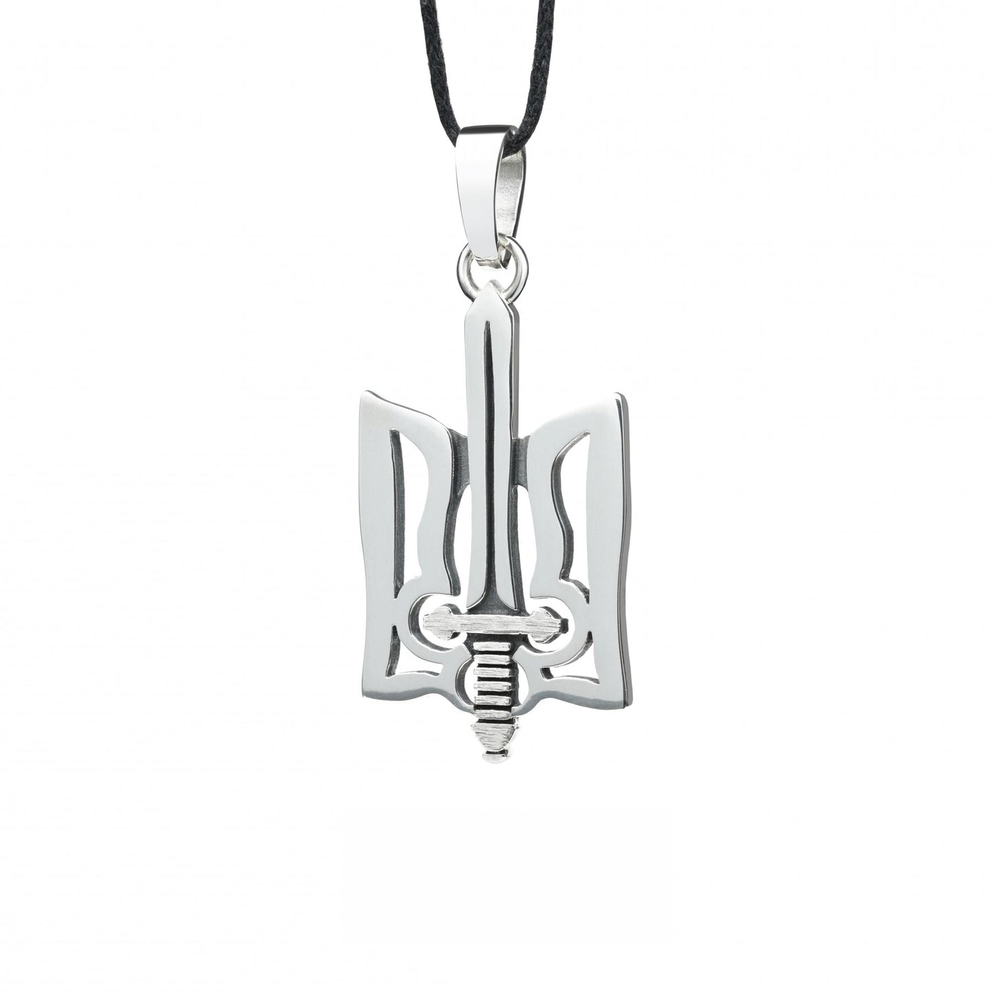 Sterling silver "Trizub with Sword" pendant, oxidized finish, symbolizing Ukrainian heritage, hangs on a black cord.