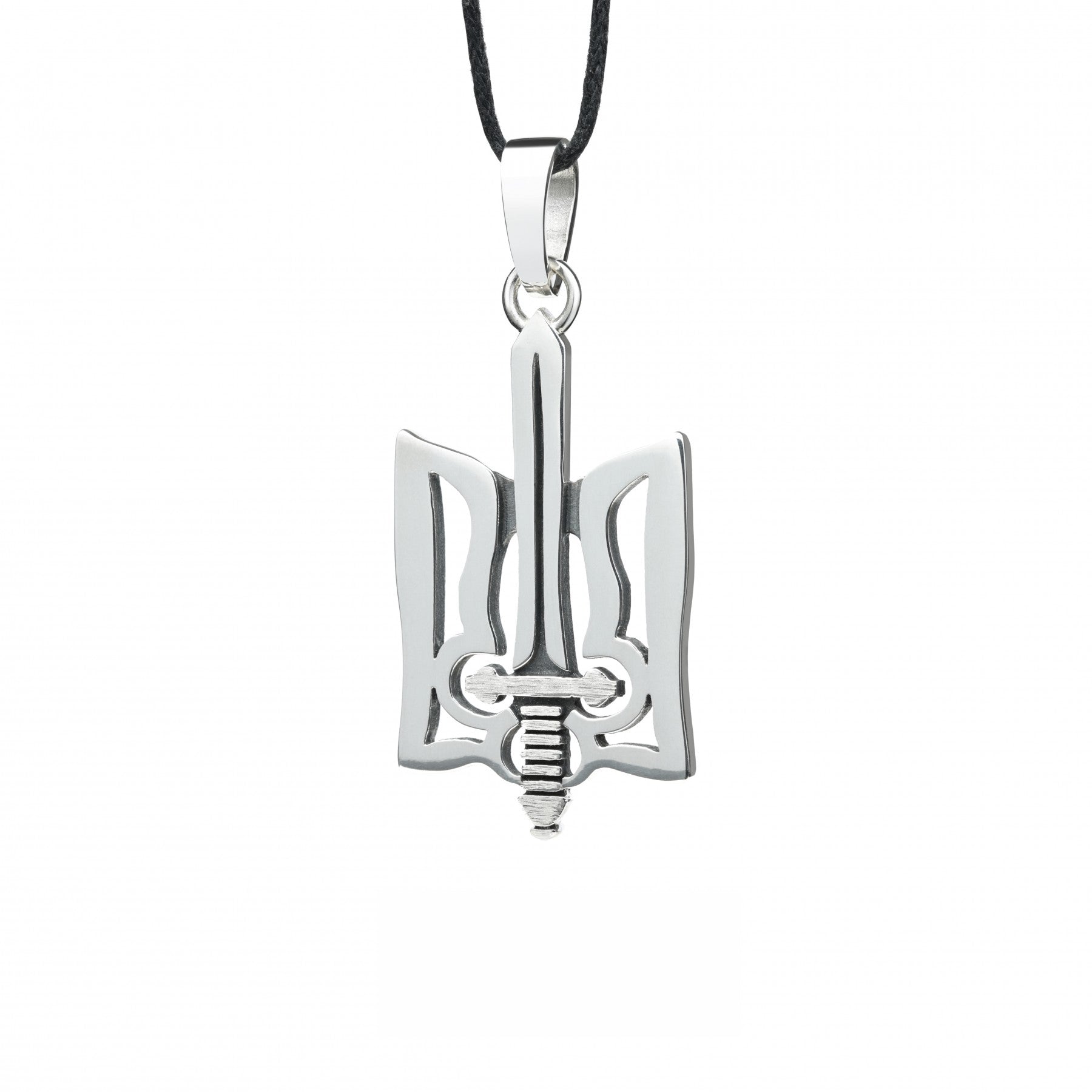 Sterling silver "Trizub with Sword" pendant, oxidized finish, symbolizing Ukrainian heritage, hangs on a black cord.