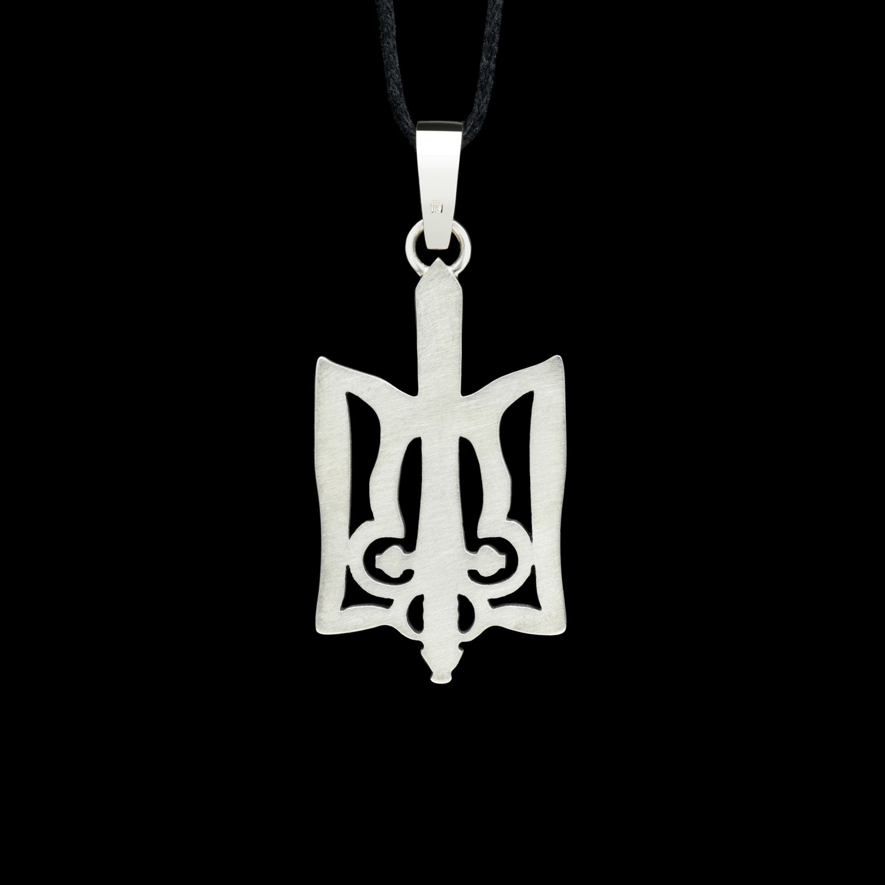 Sterling silver Trizub with Sword pendant, symbolizing Ukrainian heritage and strength, with oxidized finish.