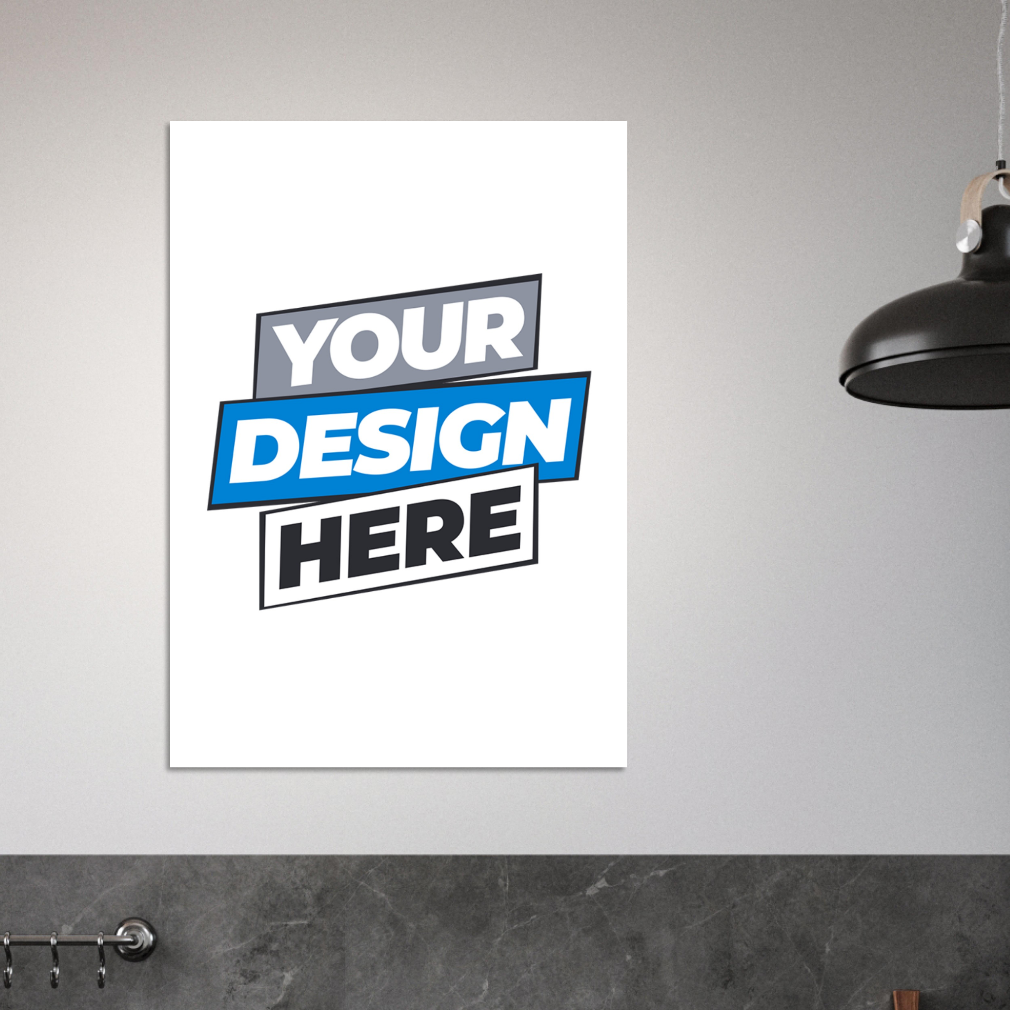 Mockup of a customizable fine art poster with text 'Your Design Here' against a grey wall, ideal for showcasing vivid artwork.