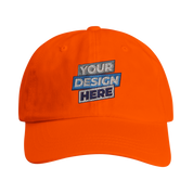 Orange cotton dad cap with customizable text. Features a relaxed unstructured crown and flat stitched visor for style and comfort.