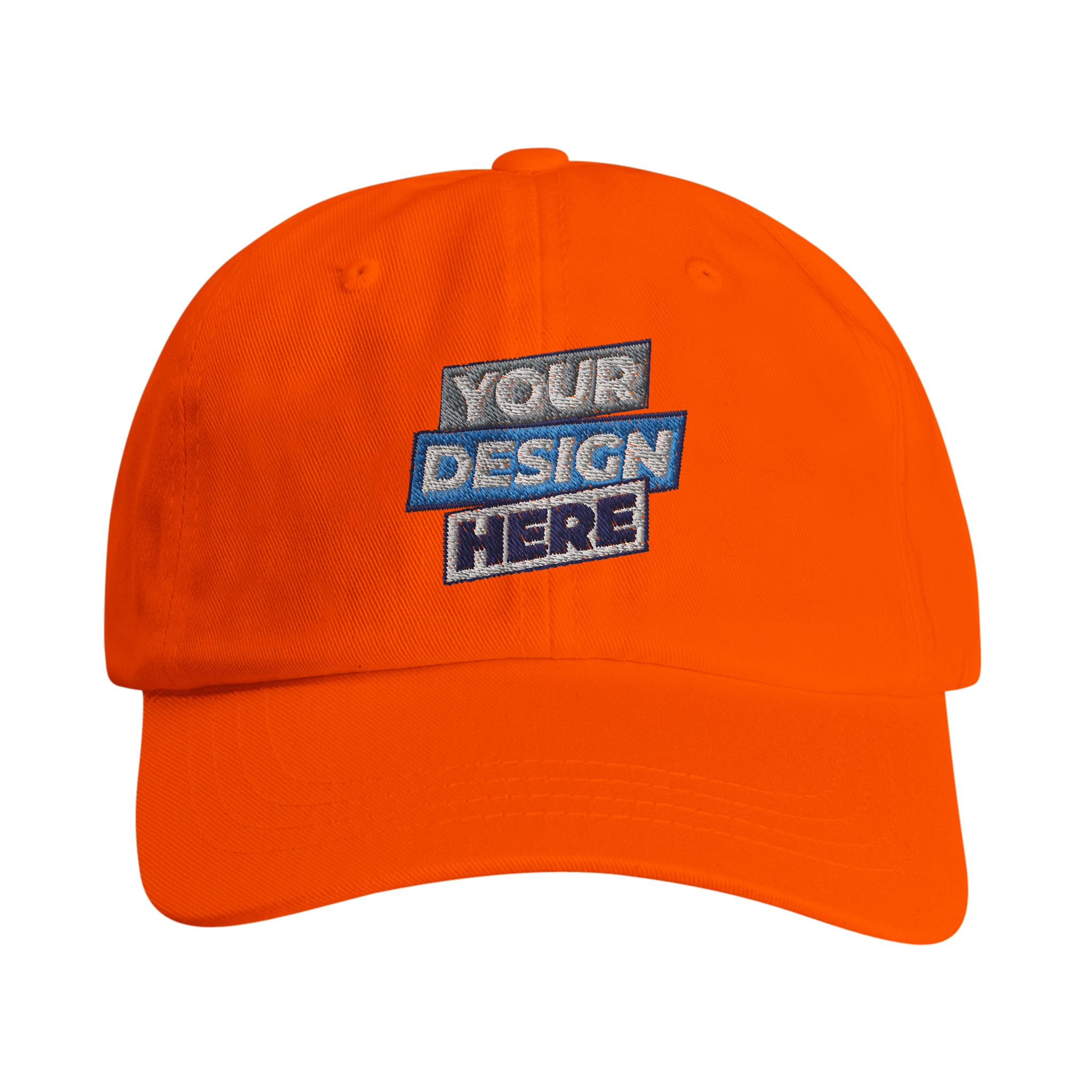Orange cotton dad cap with customizable text. Features a relaxed unstructured crown and flat stitched visor for style and comfort.