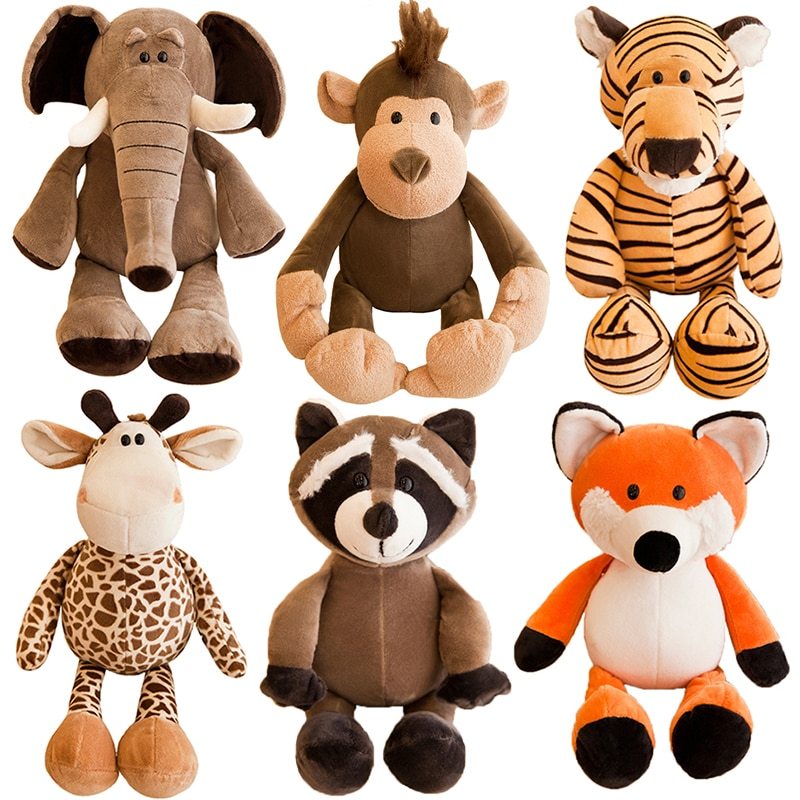 Jungle animal plush toys collection featuring elephant, monkey, tiger, giraffe, raccoon, and fox, soft and huggable stuffed dolls.