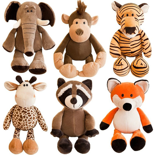 Jungle animal plush toys collection featuring elephant, monkey, tiger, giraffe, raccoon, and fox, soft and huggable stuffed dolls.