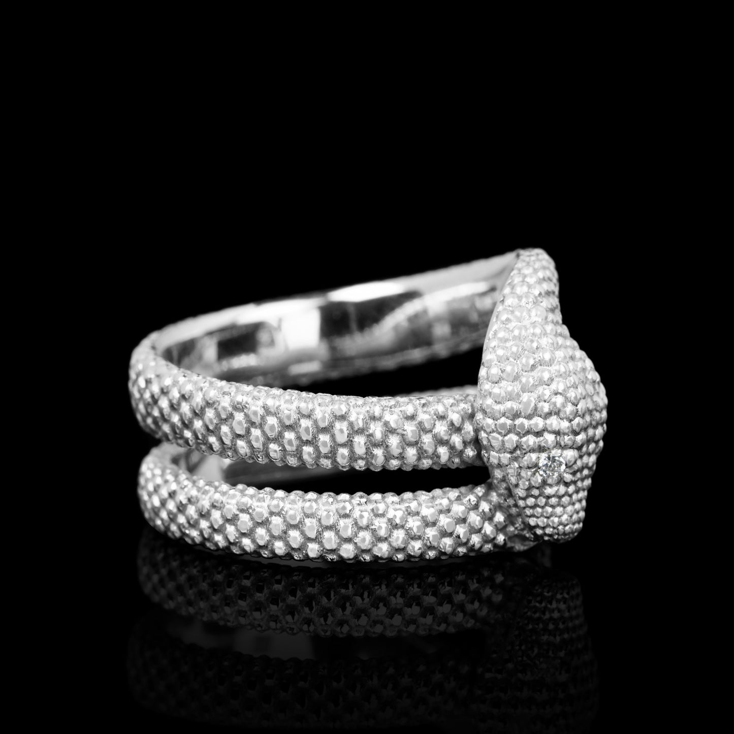 Serpent Symphony white gold ring with snake motif on black background, symbolizing transformation and renewal, crafted from 14K white gold.