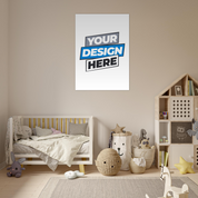 Fine Art Poster with blank design in a cozy nursery room, showcasing a your design here placeholder. Perfect for customizable wall art.