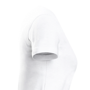 Side view of Zalmera women's white cotton t-shirt, showcasing its semi-fitted silhouette and smooth surface for print customization.