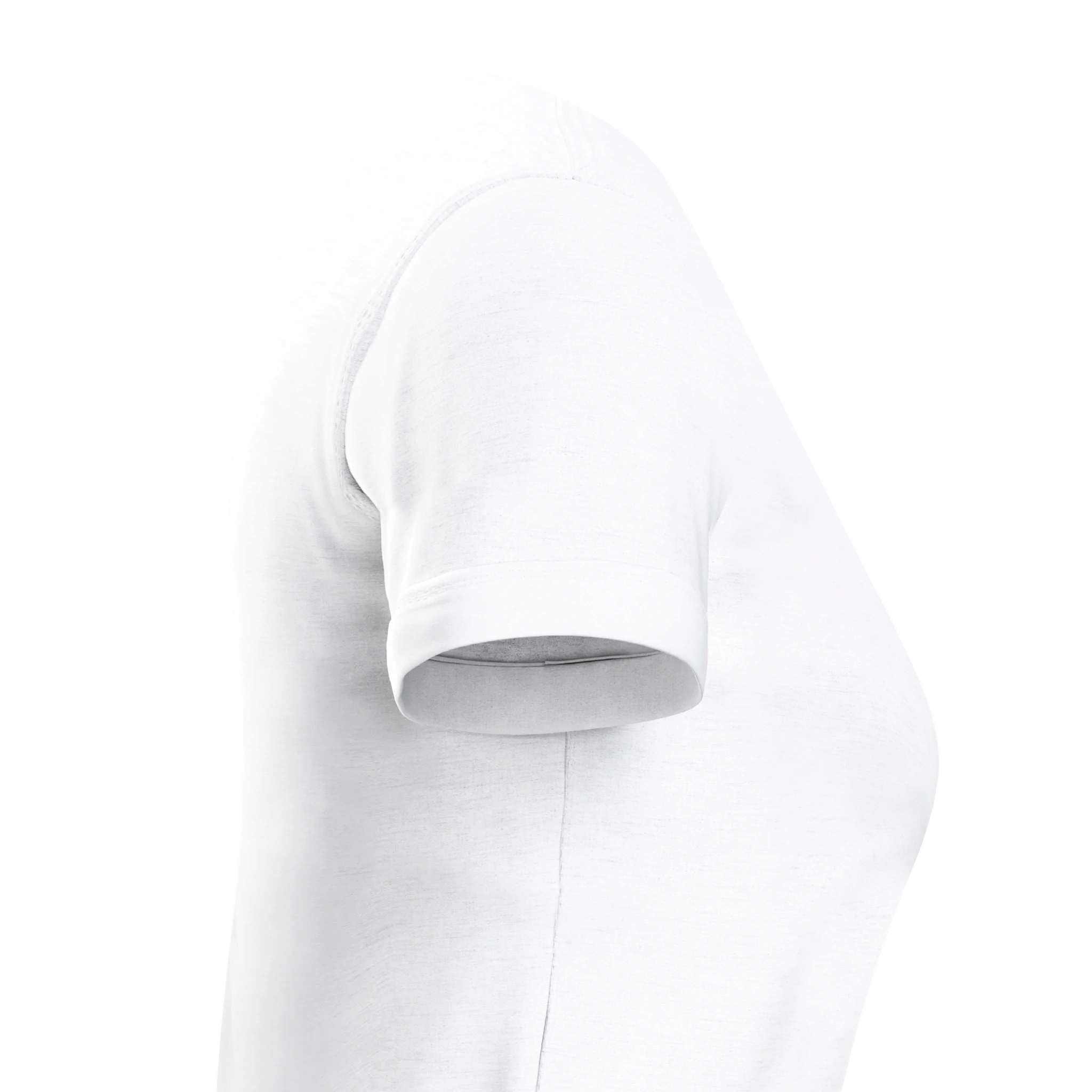 Side view of Zalmera women's white cotton t-shirt, showcasing its semi-fitted silhouette and smooth surface for print customization.