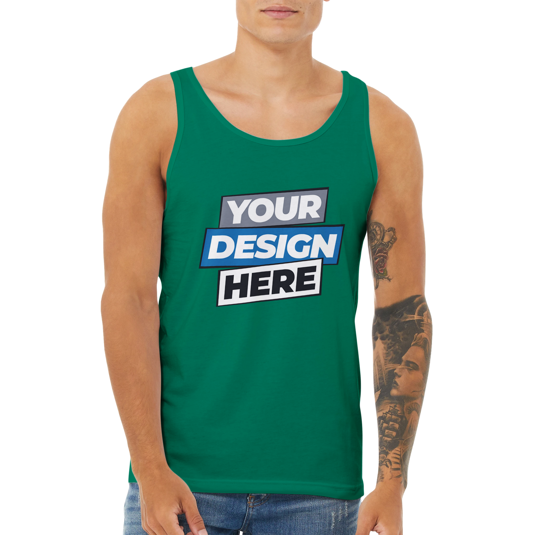 Unisex Calvoro cotton tank in green with customizable print design template, rounded neckline, breathable, tailored fit for men.
