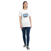 Woman wearing a customizable white Zalmera cotton t-shirt, ideal for print on demand, paired with jeans and sneakers.