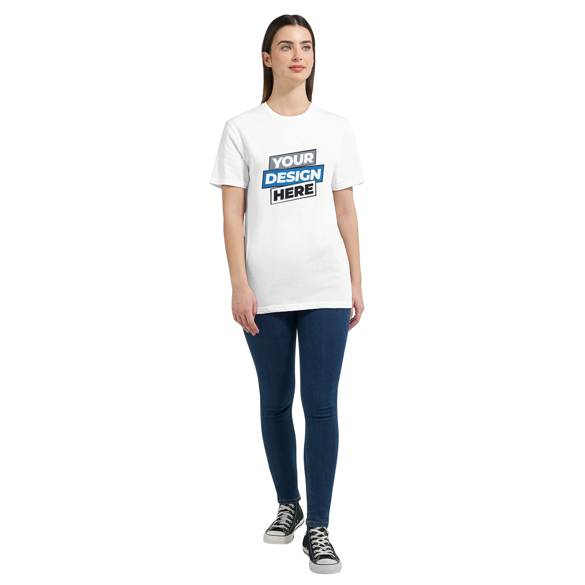 Woman wearing a customizable white Zalmera cotton t-shirt, ideal for print on demand, paired with jeans and sneakers.