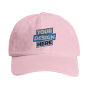 Pink cotton dad cap with customizable design option. Features a low-profile structure and adjustable brass buckle for a perfect fit.