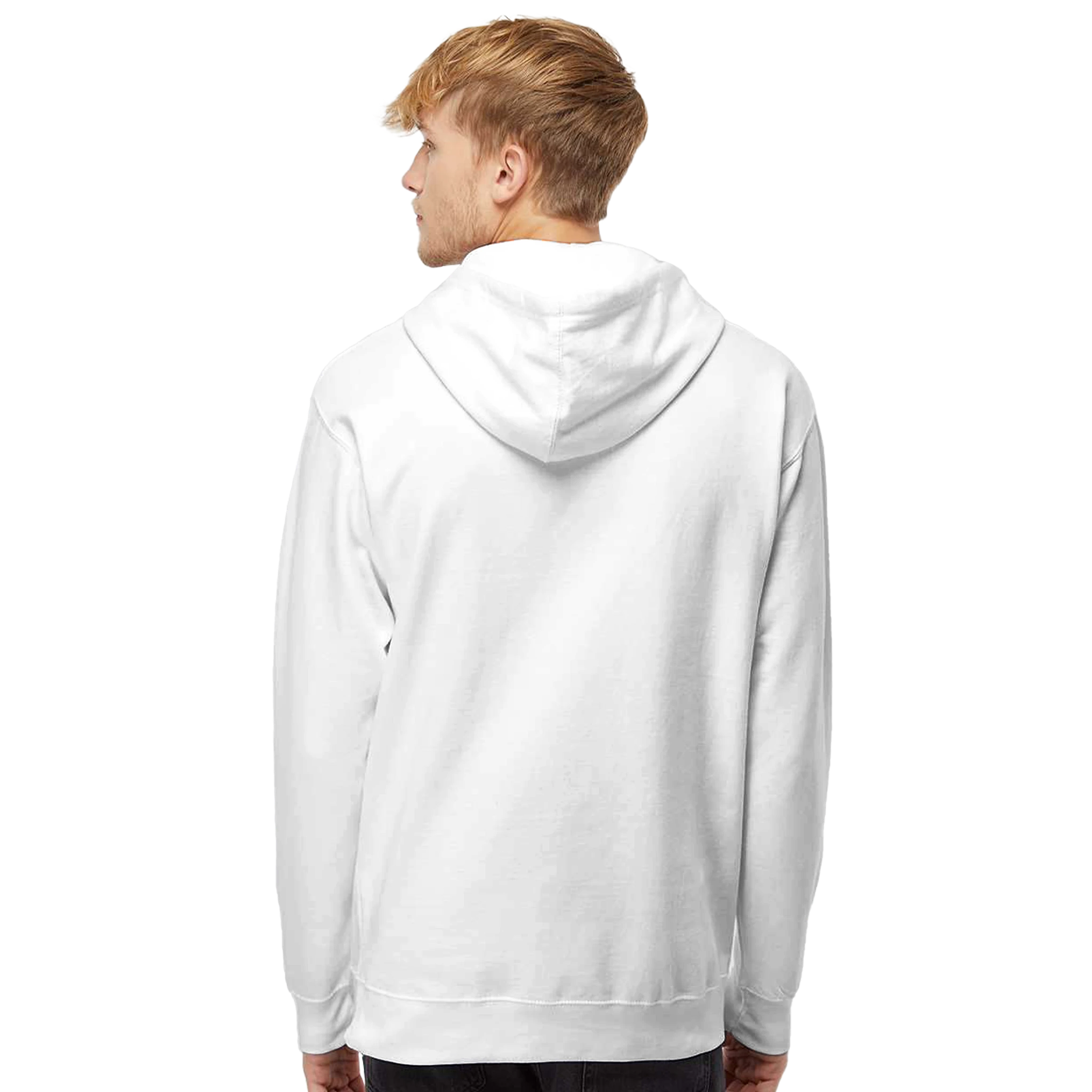 Back view of a white Vardelux Midweight Hoodie on a model, showcasing the hood and classic fit. Ideal for streetwear style.