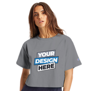 Woman wearing Virelle cropped cotton tee with customizable design, showcasing sporty streetwear appeal.
