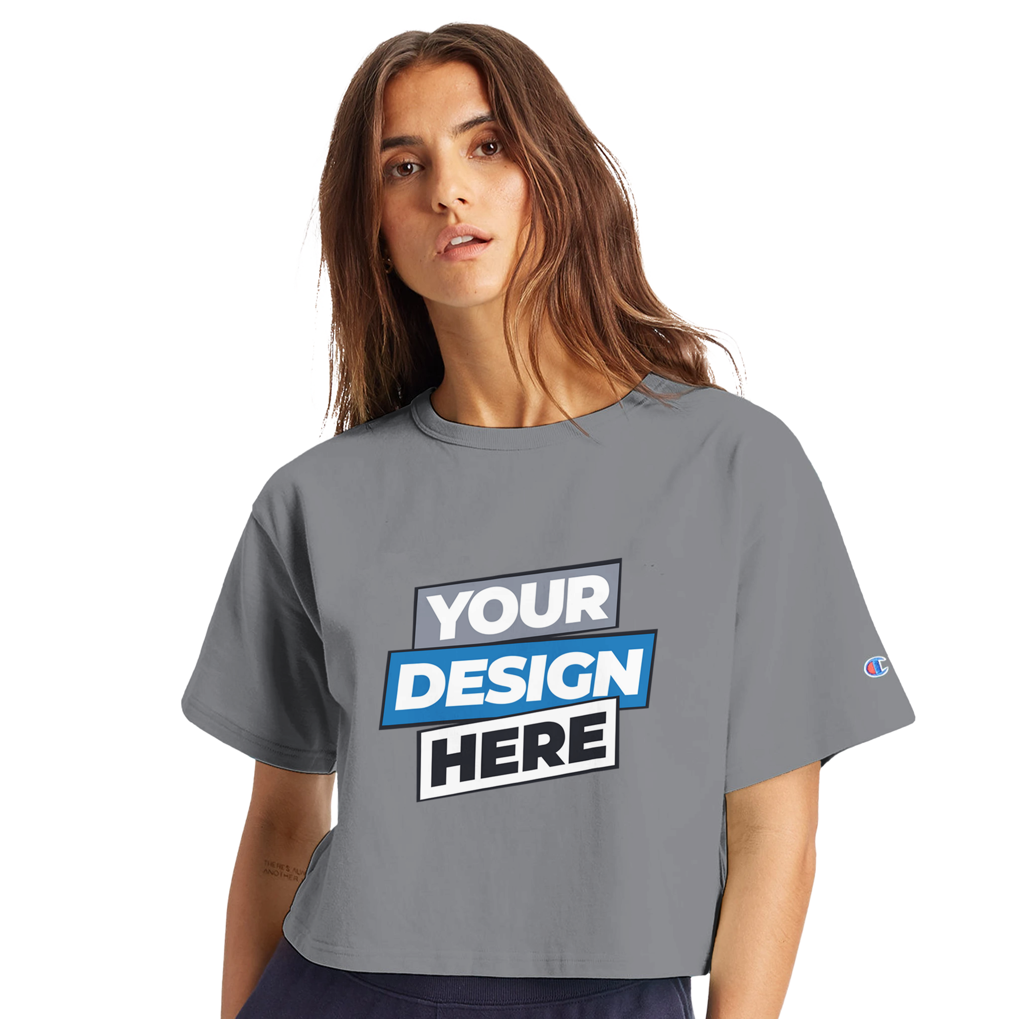 Woman wearing Virelle cropped cotton tee with customizable design, showcasing sporty streetwear appeal.