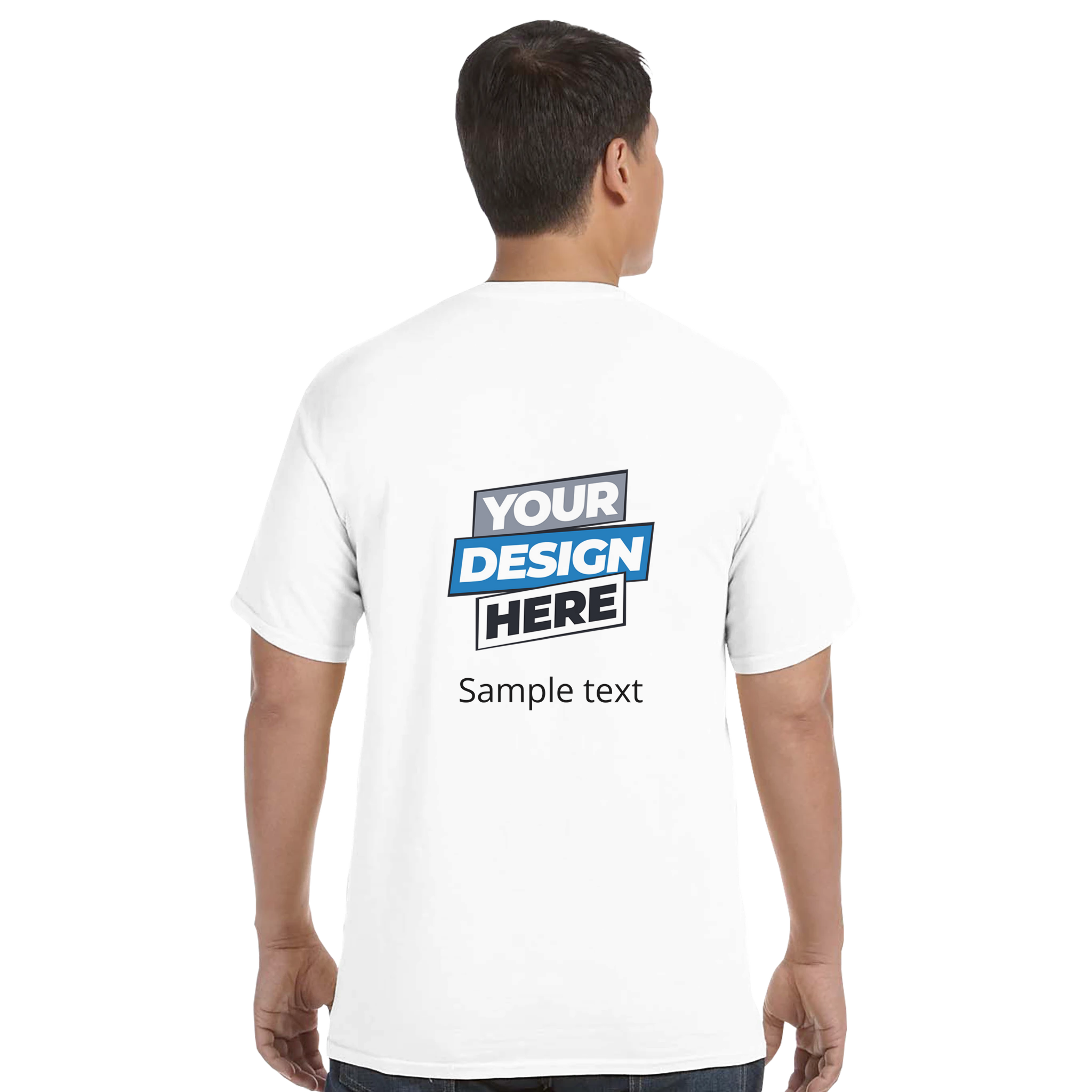 Back view of white Durmor heavyweight T-shirt with customizable design and text, featuring crewneck and soft fabric for daily wear.