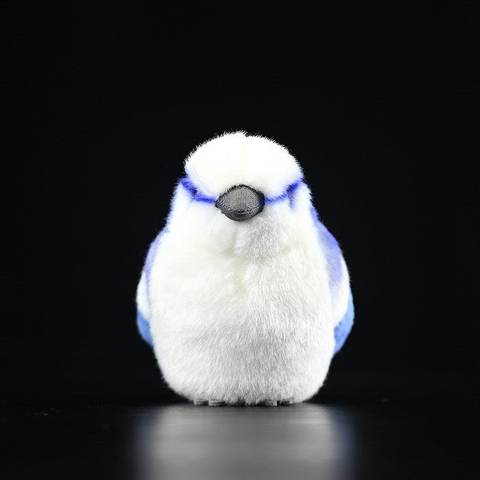 Gray Blue Tit plush toy on black background, soft fabric, 15cm height, perfect gift for kids or nature lovers.