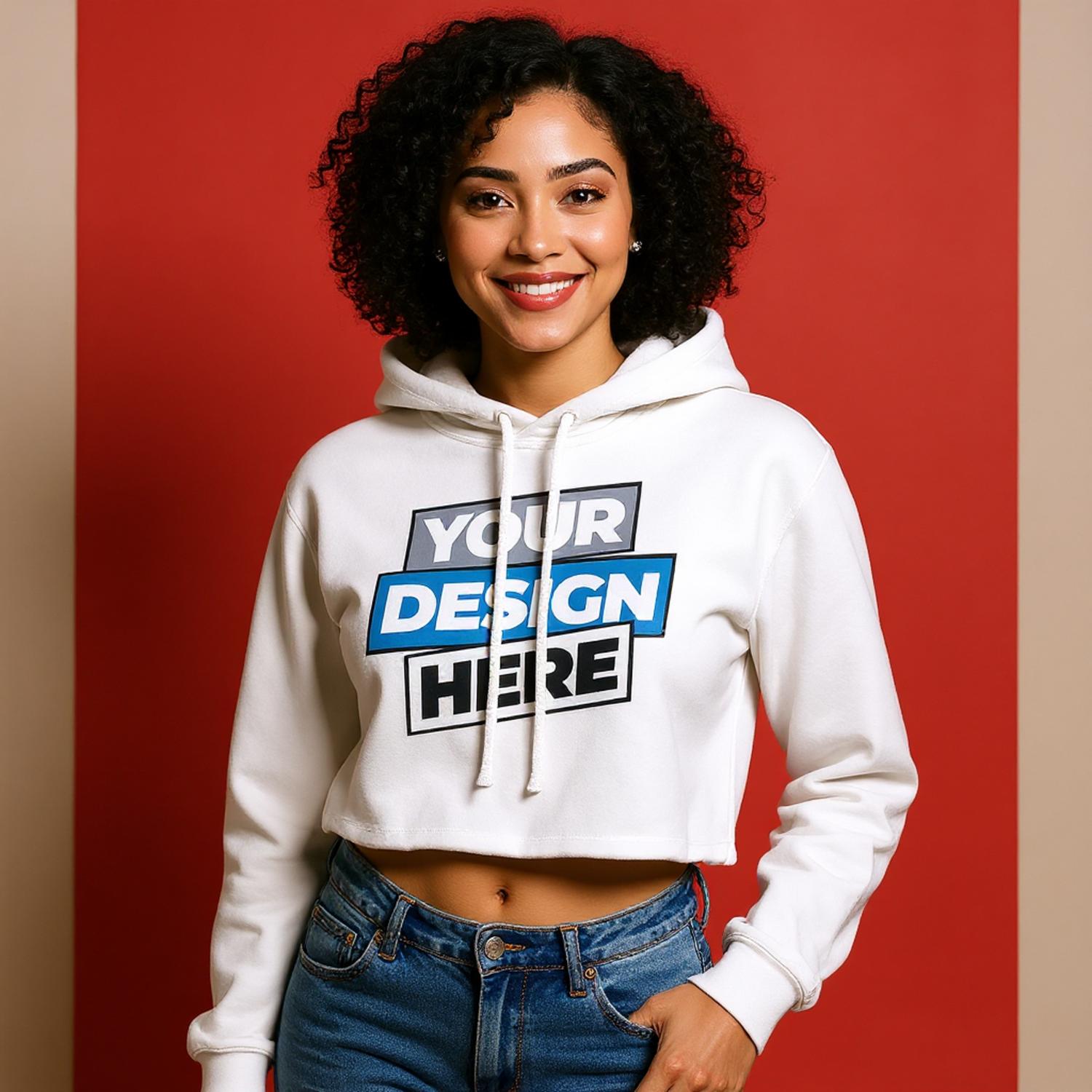 Woman wearing cozy Elowen cropped hoodie with custom design, featuring raw hem and soft fleece, ideal for streetwear fashion.