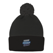 Black Frolo Knit Pom Beanie with customizable embroidery, featuring a folded rib-knit cuff and a soft pom-pom top.