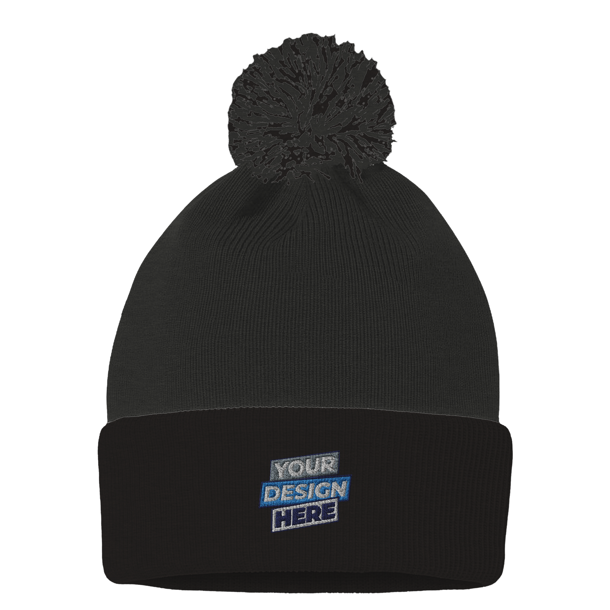 Black Frolo Knit Pom Beanie with customizable embroidery, featuring a folded rib-knit cuff and a soft pom-pom top.