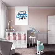 Custom fine art poster in a cozy nursery room with pastel decor, featuring a crib, rocking toy, and flowers.