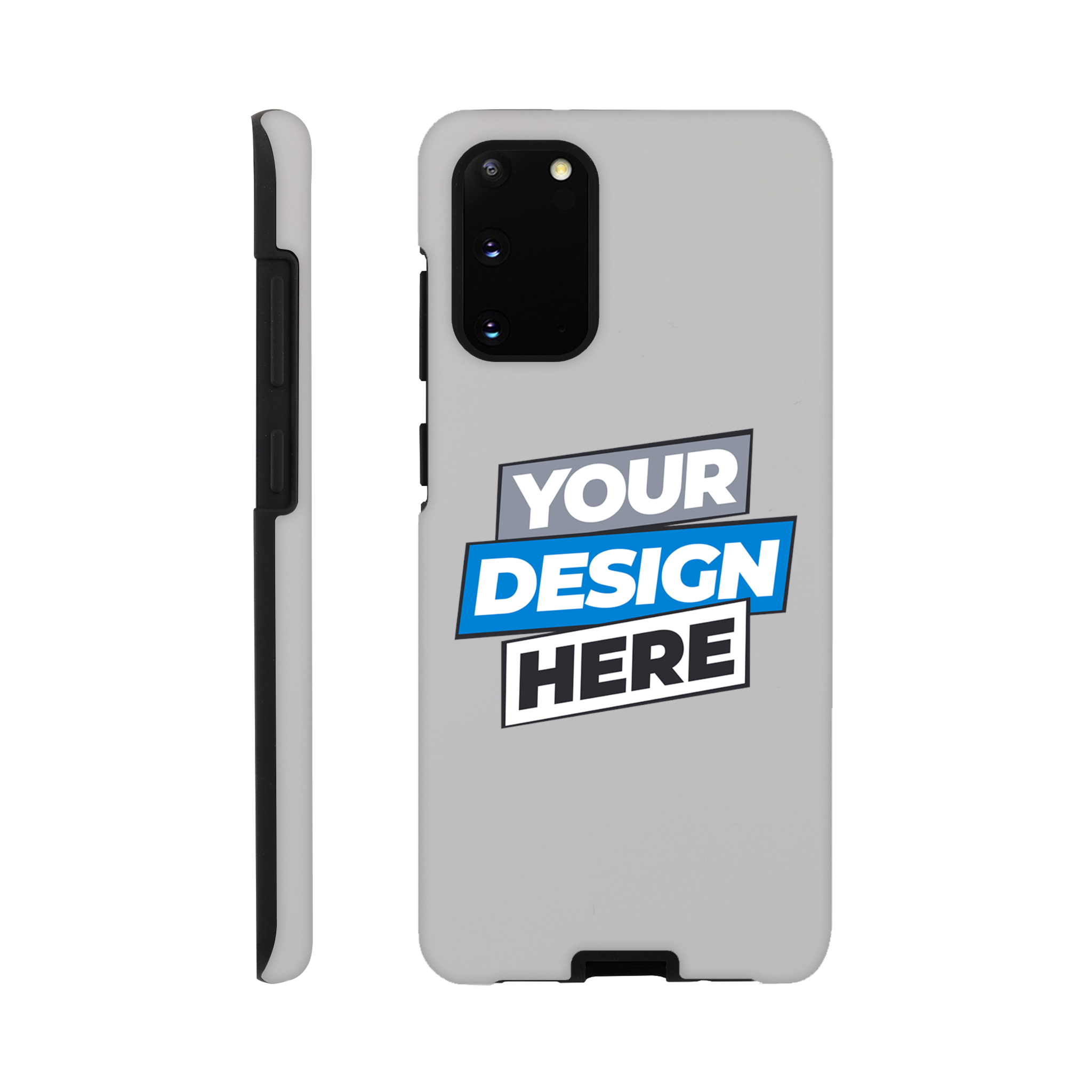 Customizable gloss tough phone case for Samsung with wraparound print and dual-layer protection, shown from back and side angles.