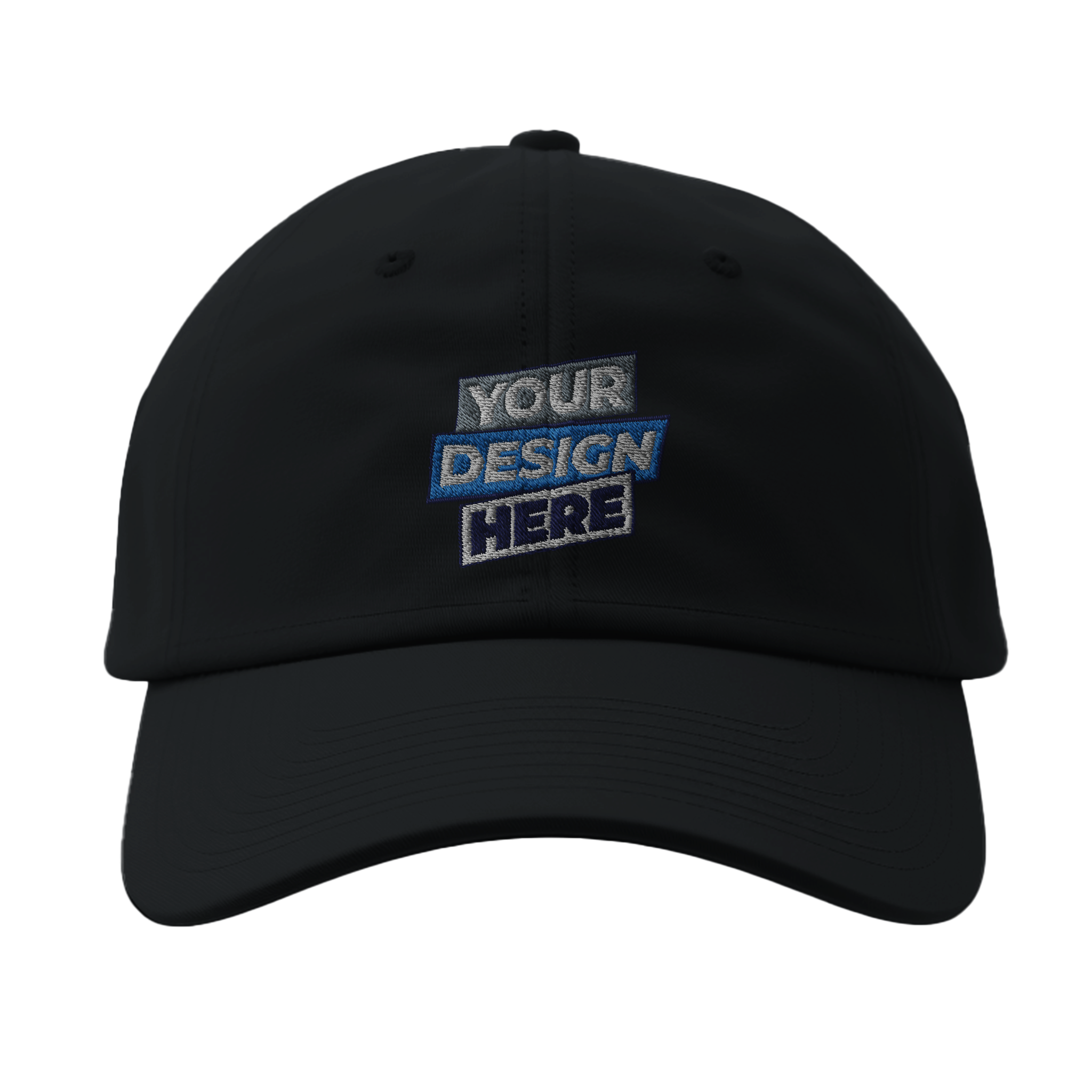 Black Flexfit 6277 fitted baseball cap with customizable front design, featuring athletic shape and curved visor.