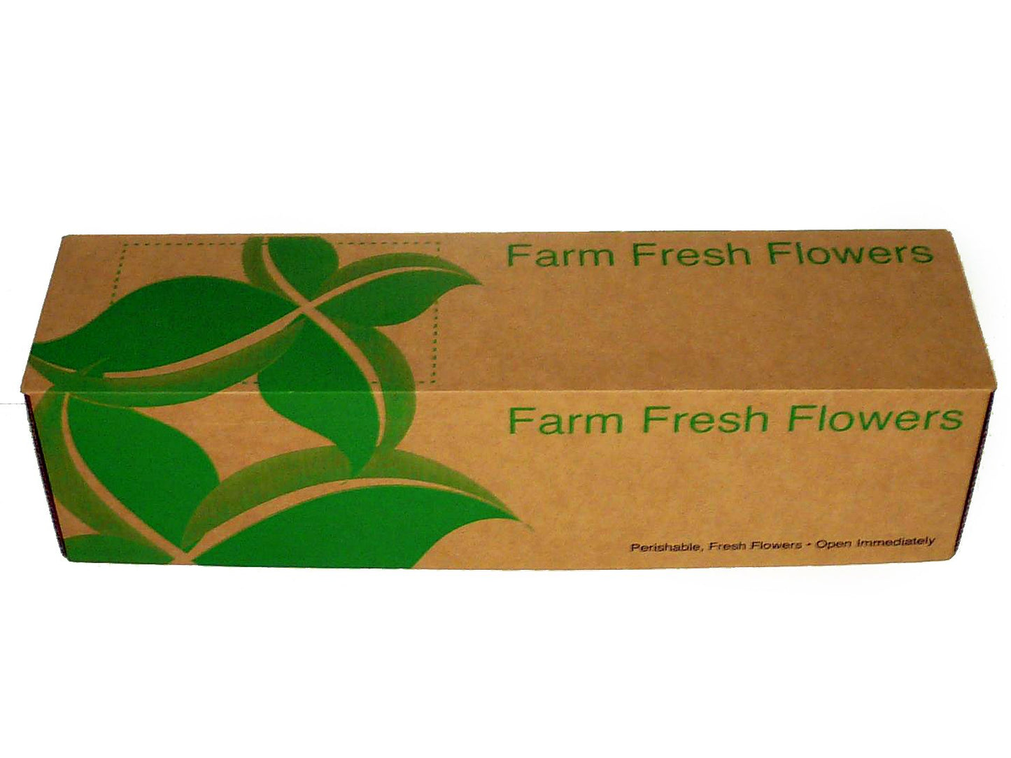 Farm Fresh Flowers delivery box with green leaf design, ready for shipping.