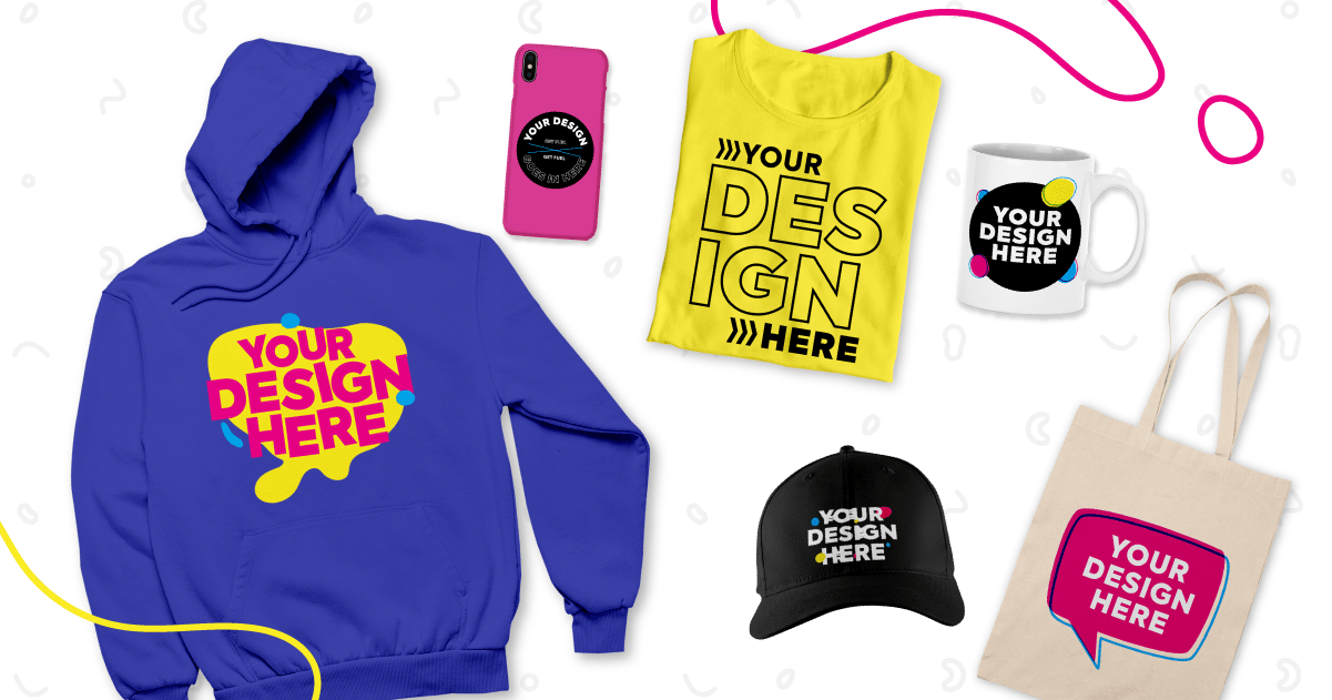 Custom merchandise display featuring hoodie, t-shirt, mug, phone case, cap, and tote bag with 'Your Design Here' text.