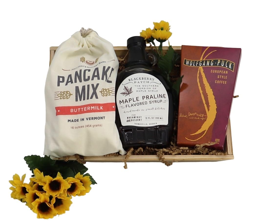 Artisan breakfast gift crate with pancake mix, maple syrup, and gourmet coffee, perfect for a cozy and indulgent morning.