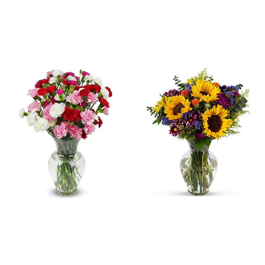 Rainbow mini carnation bouquet and colorful Flowering Fields bouquet in glass vases showcasing vibrant, fresh cut flowers.