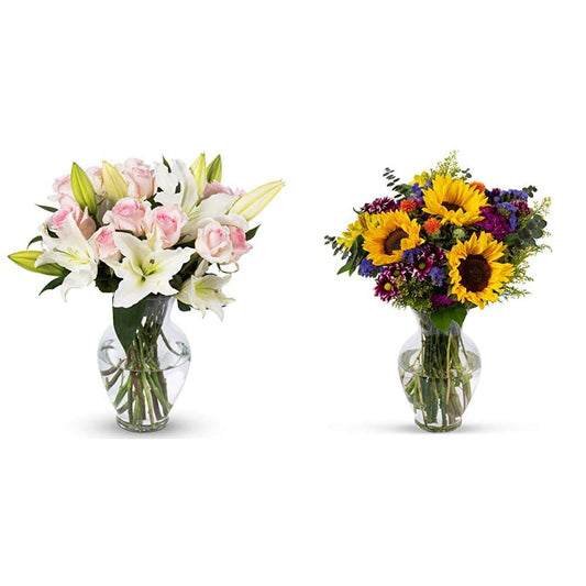 Two flower bouquets in vases; left has light pink roses and white lilies, right has sunflowers and mixed blooms.