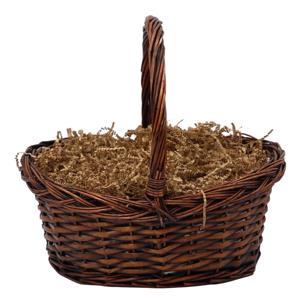 Empty wicker basket with handle and shredded paper filler, ideal for gift arrangements or decorative storage.