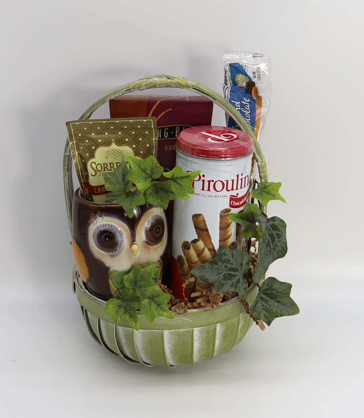 Coffee Lover’s Delight Gift Basket with gourmet coffee, biscotti, and owl-themed mug, perfect for coffee enthusiasts.