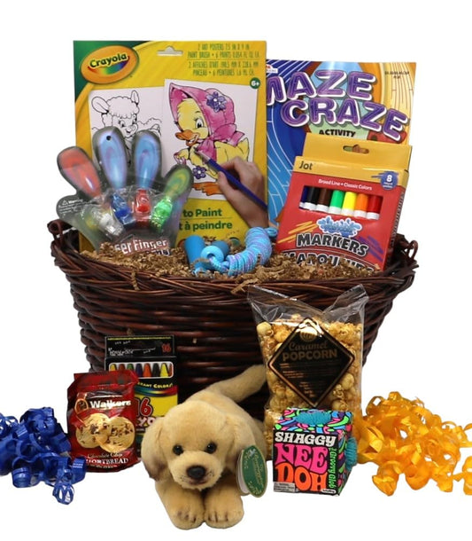 Fun-filled kids gift basket with crayons, markers, plush toy, popcorn, cookies, and engaging activities for endless enjoyment.