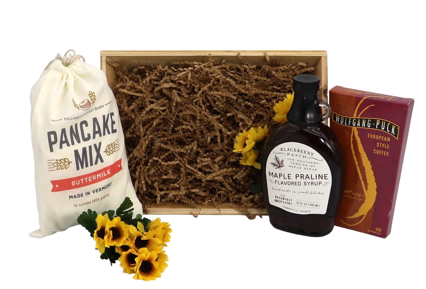 Artisan breakfast gift crate with pancake mix, maple syrup, and gourmet coffee, perfect for a cozy morning.