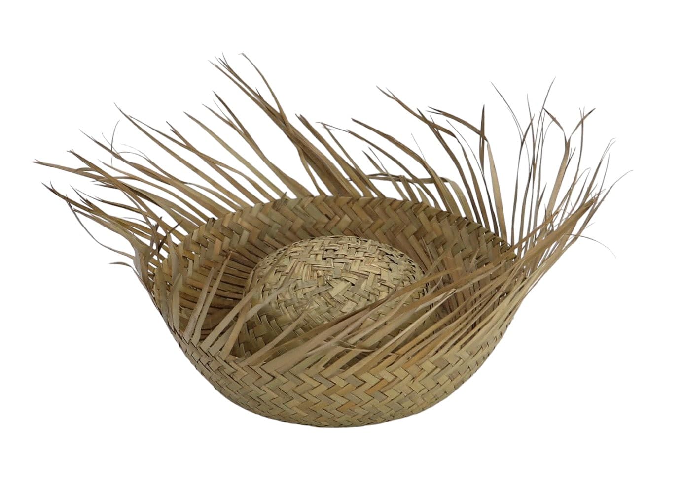 Straw hat with frayed edges, showcasing a rustic and handmade appearance.