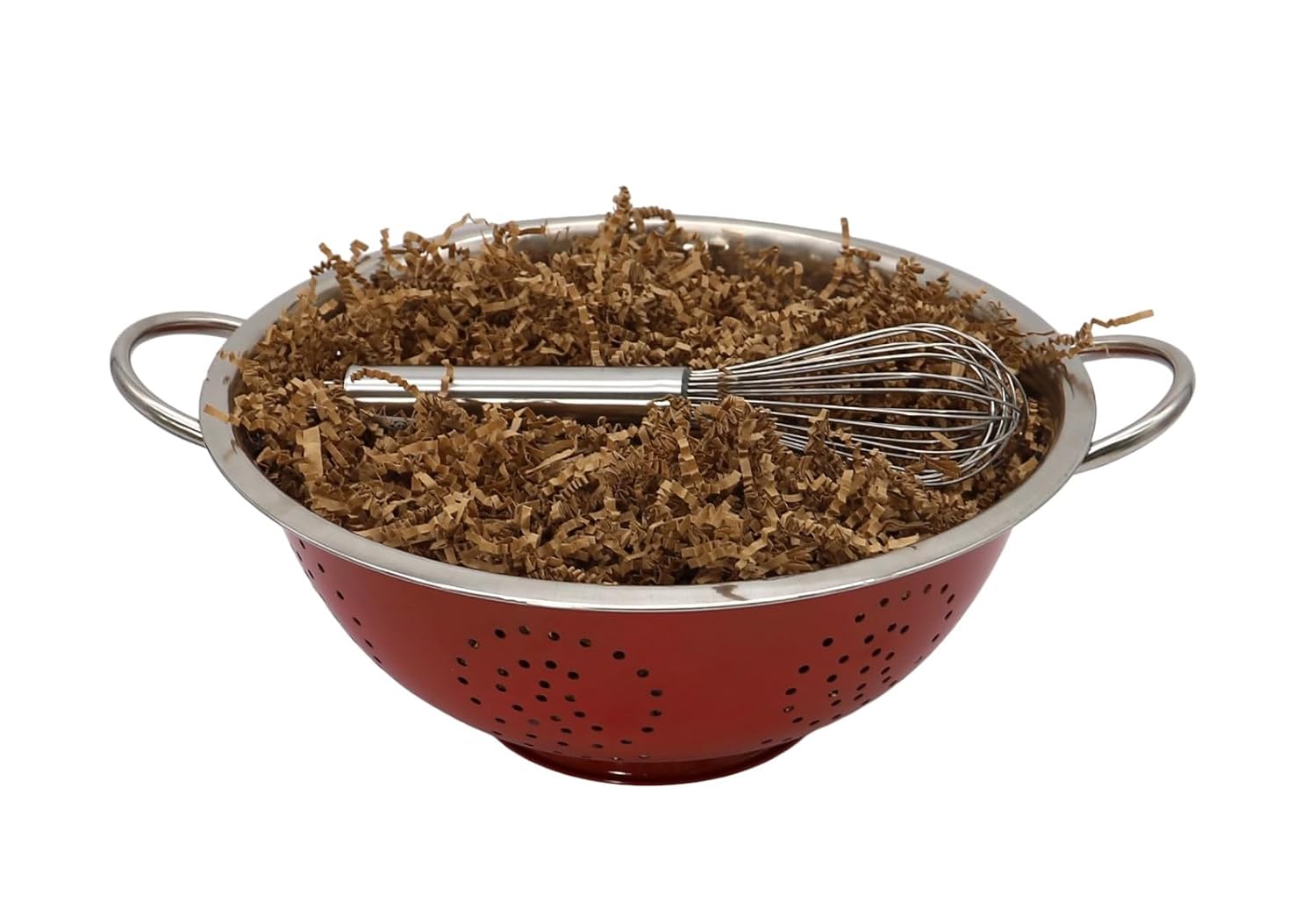 Red colander filled with brown packing material and a metal whisk.