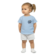 Toddler wearing a blue Leoni Cotton Baby Tee with custom print, perfect for everyday comfort and style.