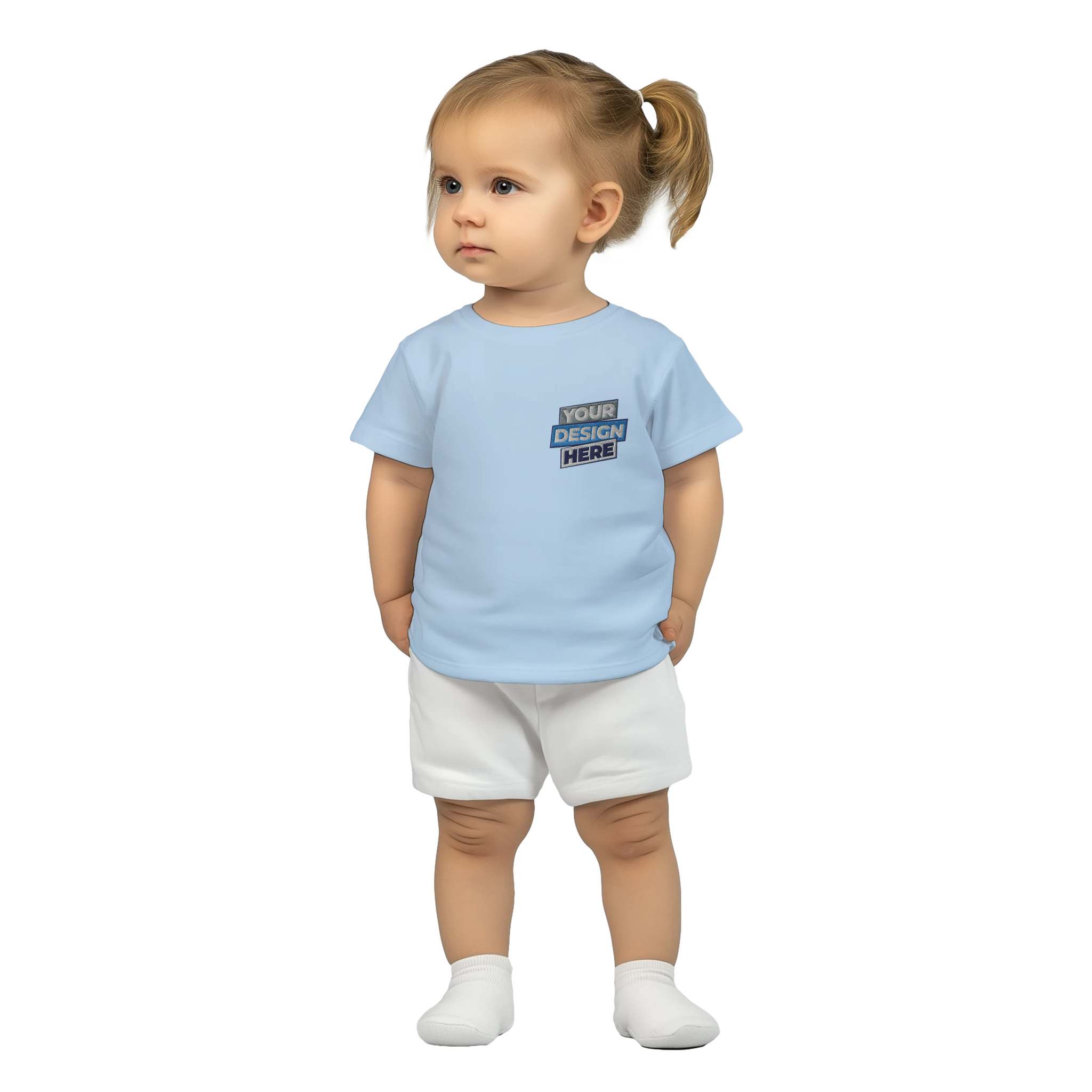 Toddler wearing a blue Leoni Cotton Baby Tee with custom print, perfect for everyday comfort and style.