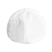 Back view of white Flexfit 6277 fitted baseball cap with closed-back design and ventilation eyelets for style and comfort.