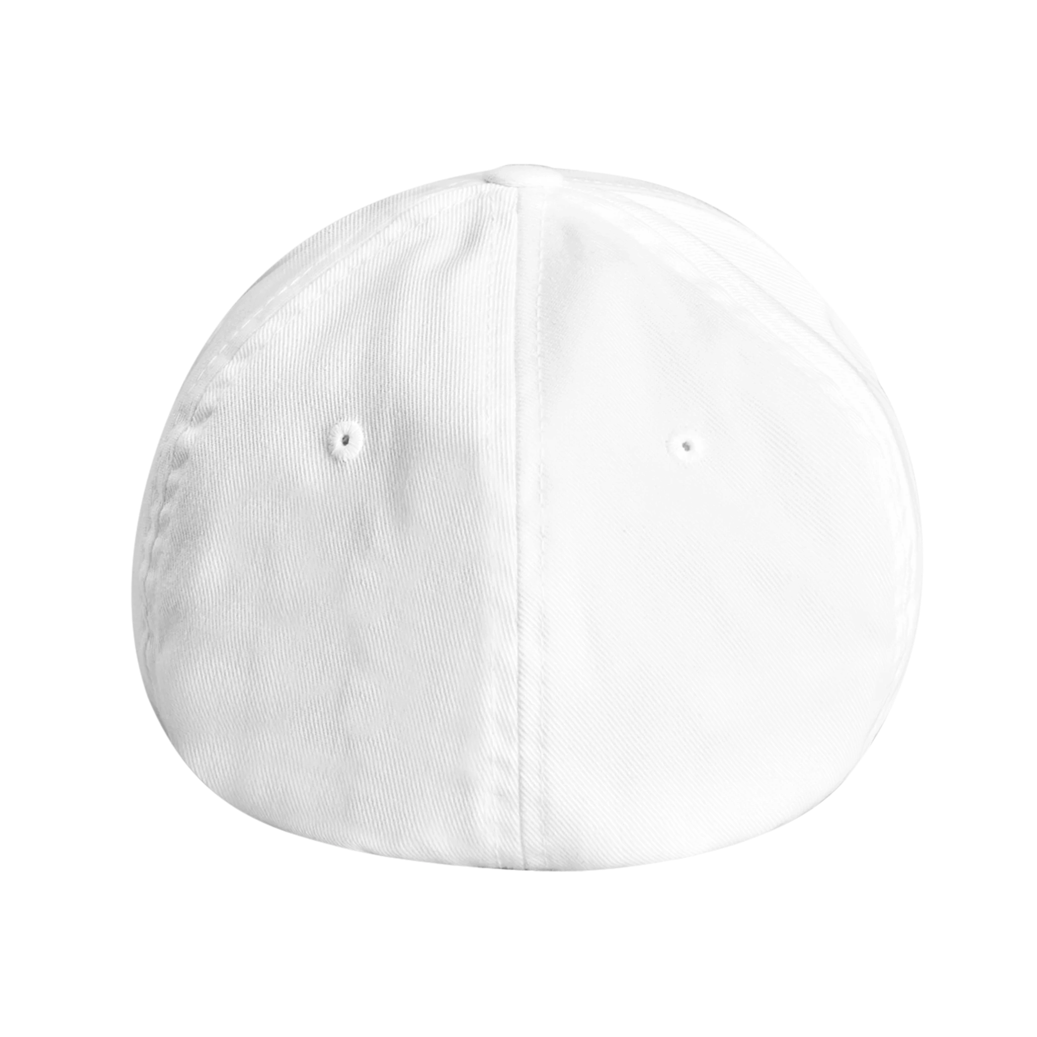Back view of white Flexfit 6277 fitted baseball cap with closed-back design and ventilation eyelets for style and comfort.