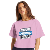 Model wearing pink Virelle Cropped Cotton Tee with customizable print, sporty streetwear design, relaxed fit.