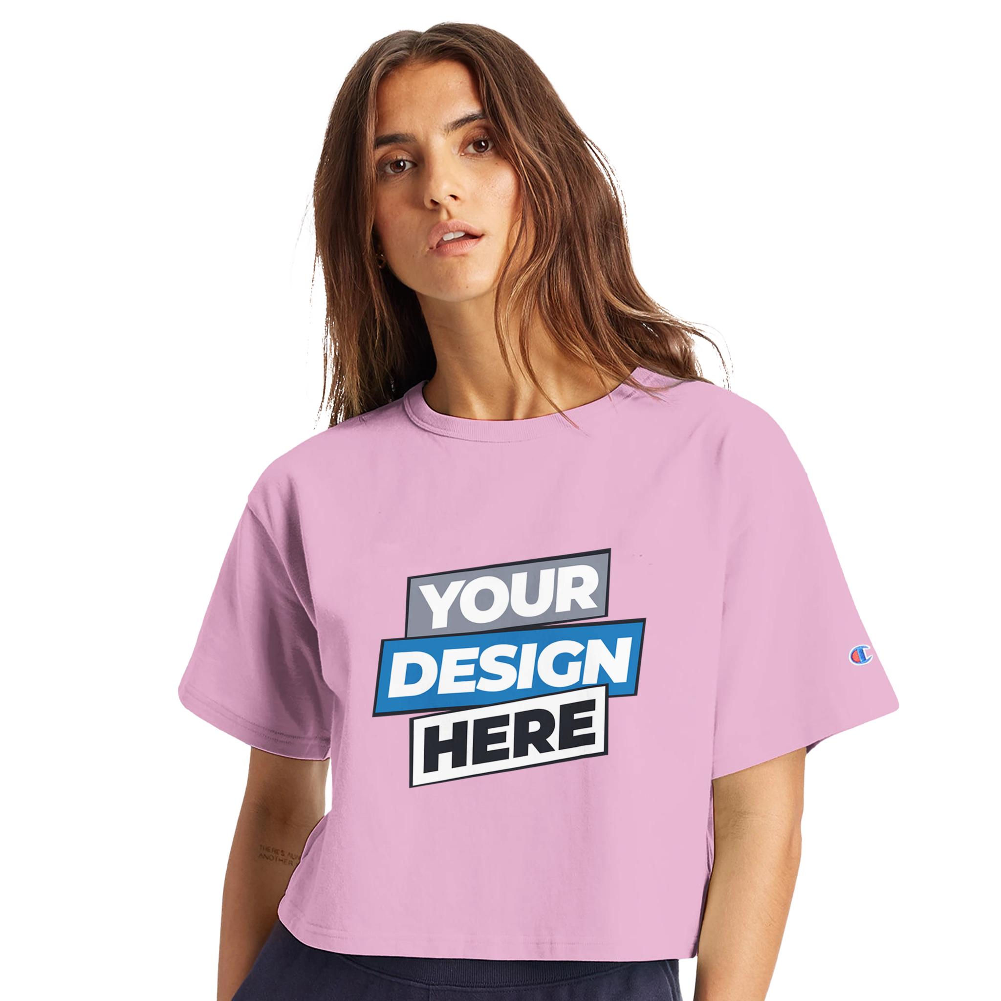 Model wearing pink Virelle Cropped Cotton Tee with customizable print, sporty streetwear design, relaxed fit.