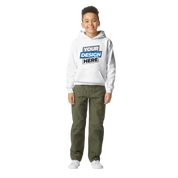 Youth wearing white fleece hoodie with customizable design, featuring midweight warmth and jersey-lined hood, ideal for play or school.