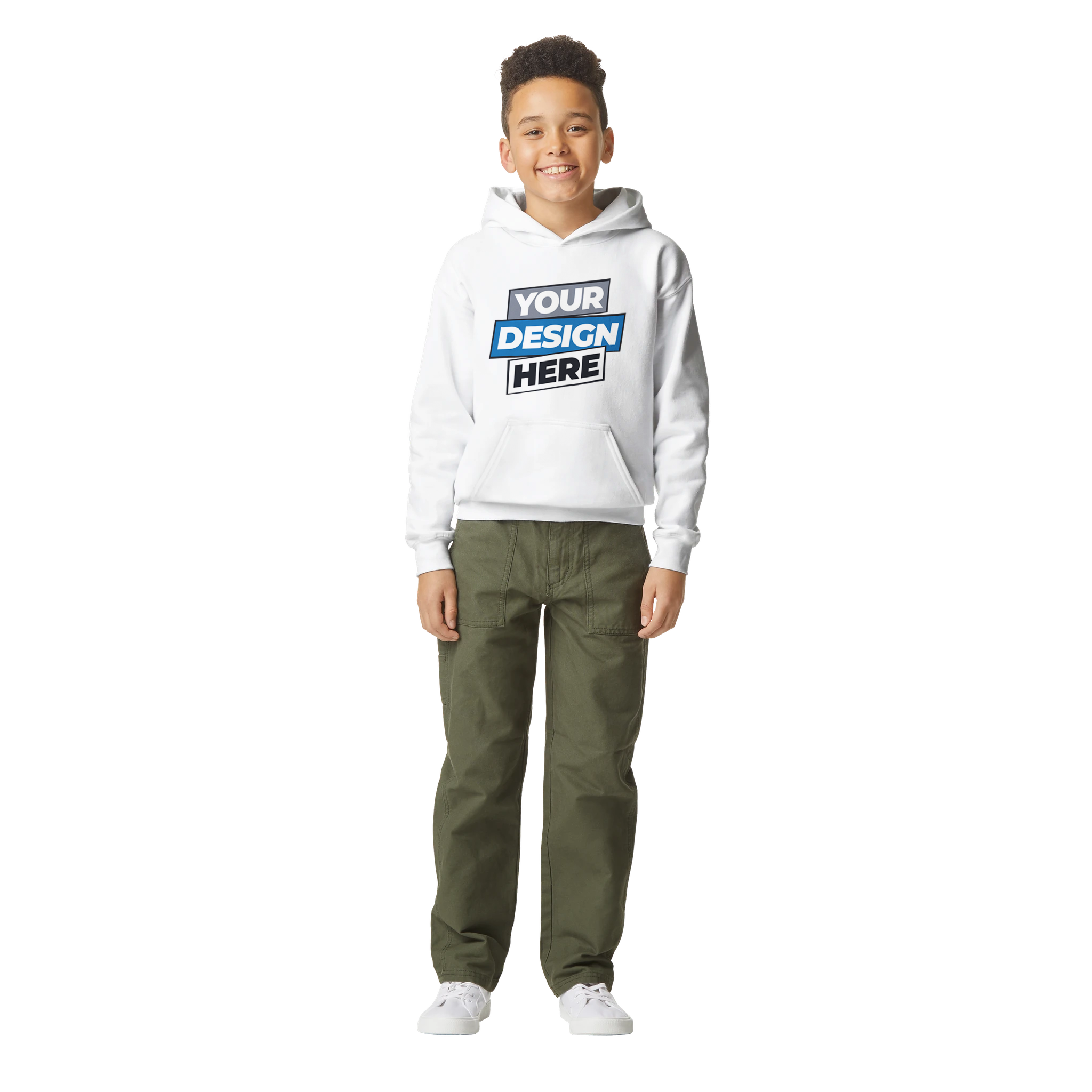 Youth wearing white fleece hoodie with customizable design, featuring midweight warmth and jersey-lined hood, ideal for play or school.
